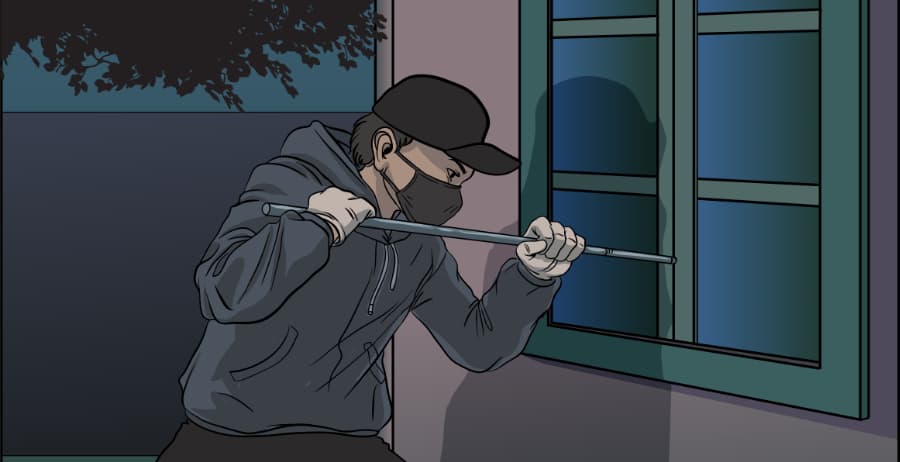 Illustration of burglar forcing entry through a window in Salinas