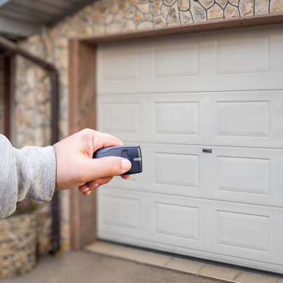 Salinas security key fob pointing to a garage door